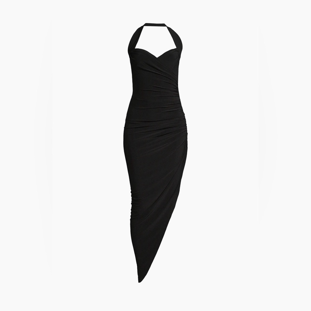 Norma Kamali Black Halter Ruched Asymmetrical Dress Bodycon Cocktail Evening